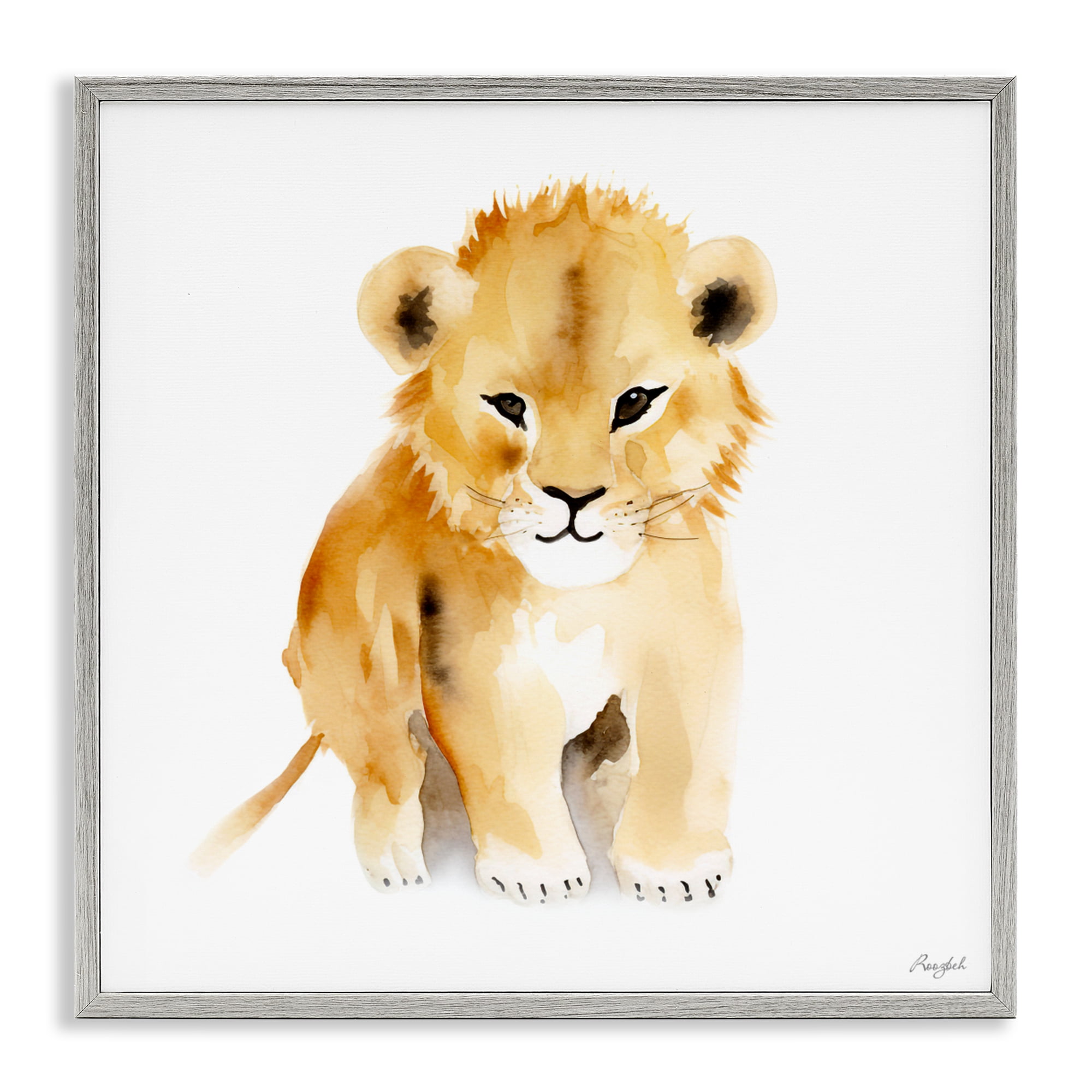 Stupell Industries Minimal Lion Cub Gray Framed Giclee Art, design by Roozbeh