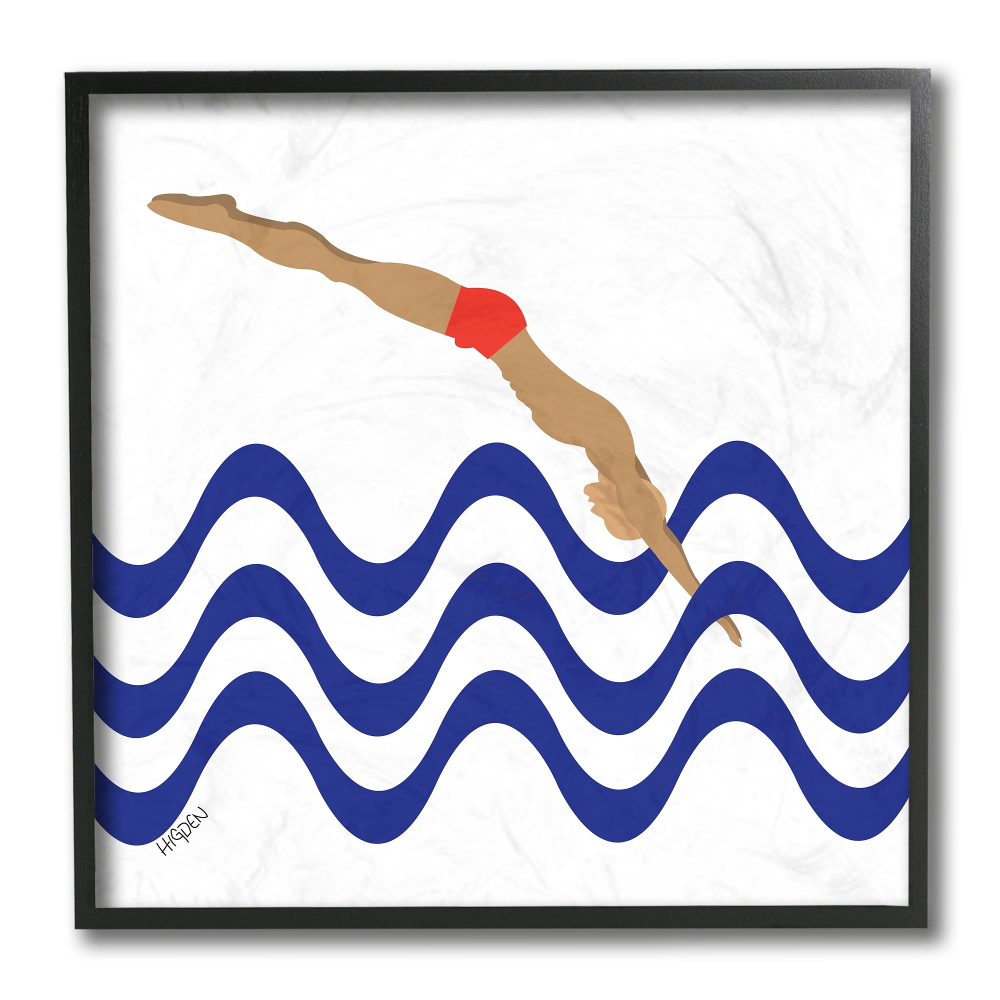 Stupell Industries Minimal Male Diver Abstract Blue Nautical Waves Black Framed by Mark Higden
