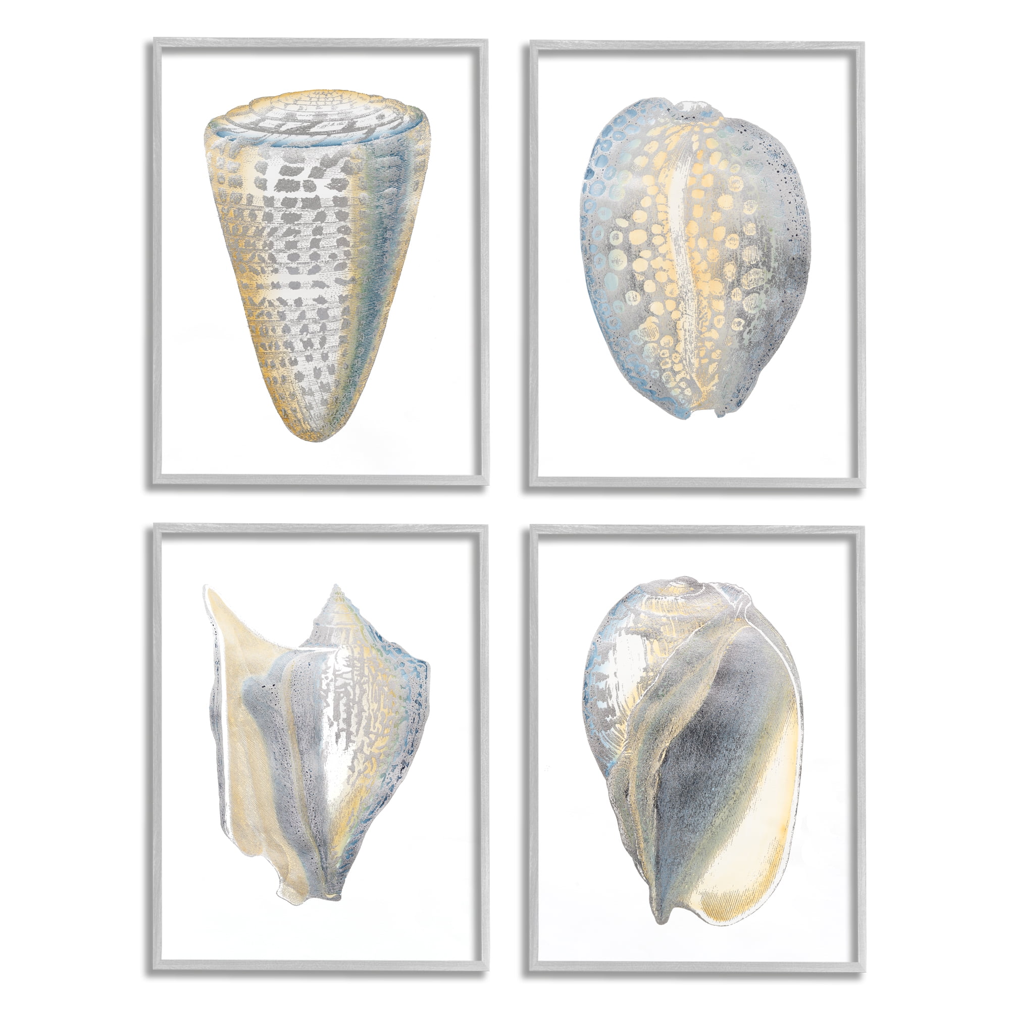 Stupell Industries Minimal Marine Shells Unique Blue Gold Pattern Gray Framed by Vision Studio