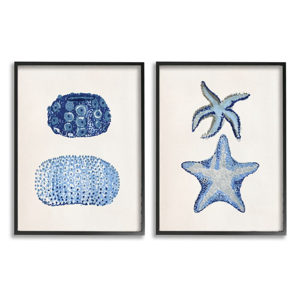 Stupell Industries Minimal Nautical Sea Creatures Blue White Painting Graphic Art Black Framed Art Print Wall Art Set of 2, 11x14, by Stellar Design Studio