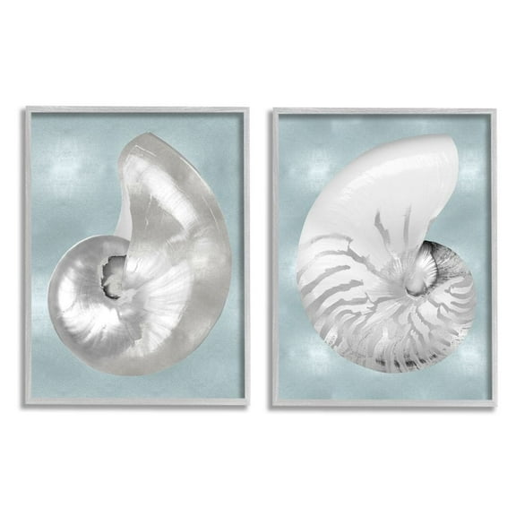 Stupell Industries Minimal Nautilus Shell Silver Glam Design over Blue Framed Wall Art Design by Caroline Kelly, 2 Piece, 11" x 14", Gray Framed