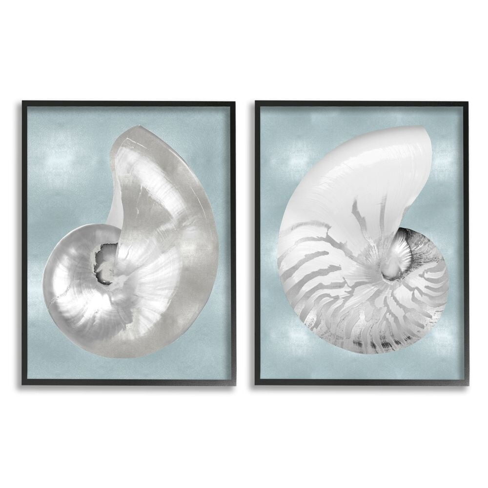 Stupell Industries Minimal Nautilus Shell Silver Glam Design over Blue Framed Wall Art Design by Caroline Kelly, 2 Piece, 16" x 20", Black Framed