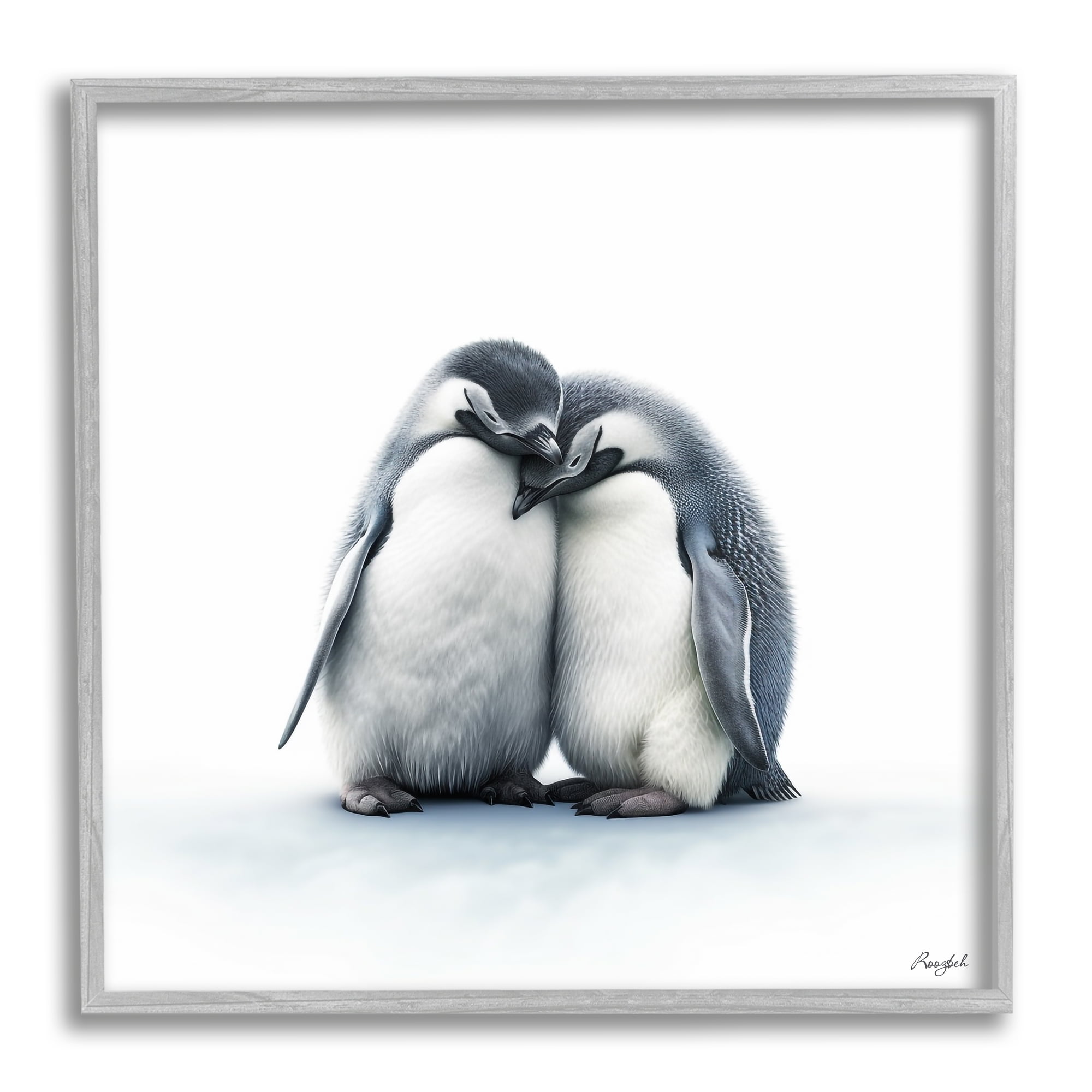 Stupell Industries Minimal Penguins Cuddling Animals & Insects Painting Gray Framed Art Print Wall Art, 12 x 12