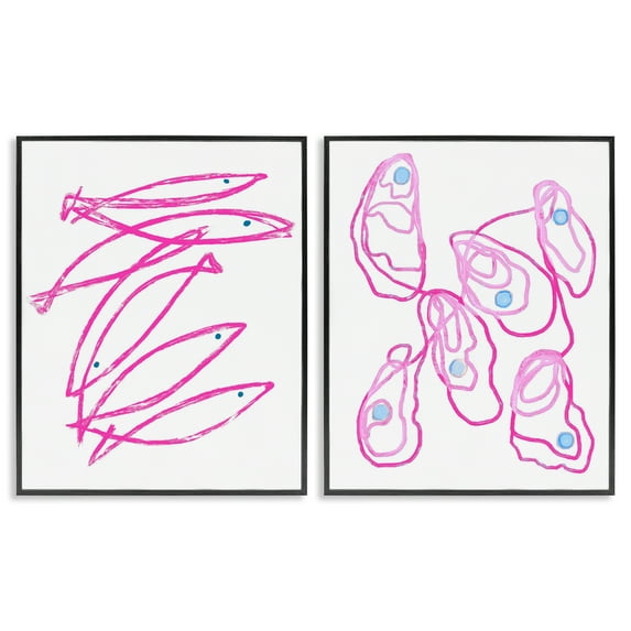 Stupell Industries Minimal Pink Fish & Oysters 2 Piece Black Framed Giclee Art Set design by Lil' Rue, 14 x 11