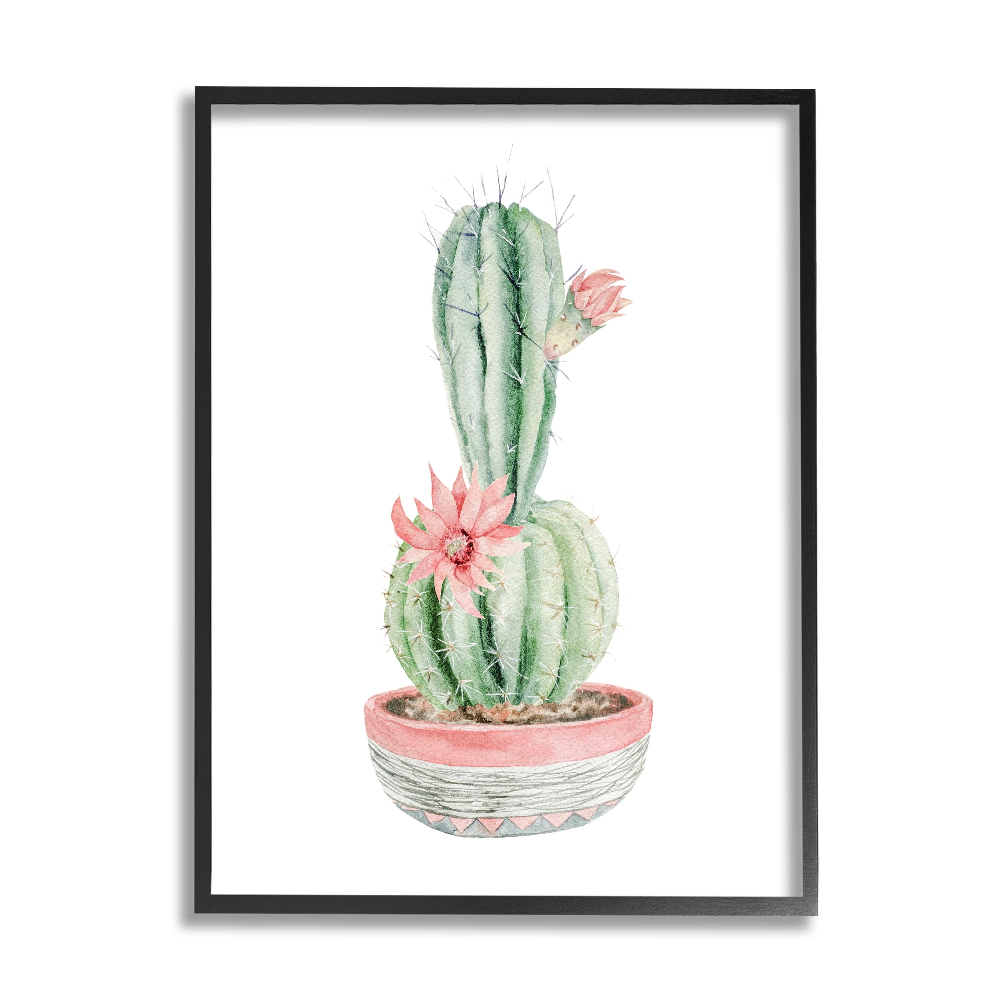 Stupell Industries Minimal Potted Cactus Plant Pink Blossom Illustration Paintings Black Framed Art Print Wall Art, 24x30, by Mela Fay