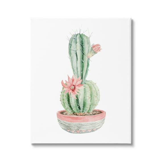 Stupell Industries Minimal Potted Cactus Plant Pink Blossom Illustration Paintings Gallery-Wrapped Canvas Print Wall Art, 24x30, by Mela Fay