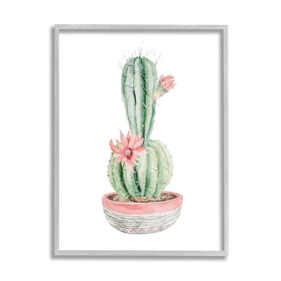 Stupell Industries Minimal Potted Cactus Plant Pink Blossom Illustration Paintings Gray Framed Art Print Wall Art, 11x14, by Mela Fay