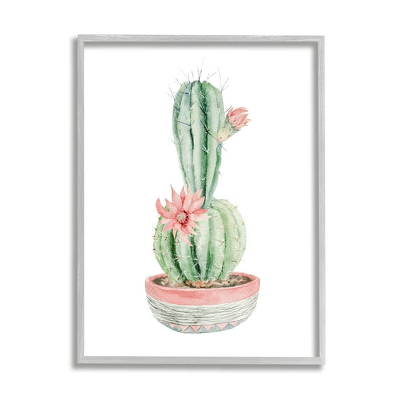 Stupell Industries Minimal Potted Cactus Plant Pink Blossom Illustration Paintings Gray Framed Art Print Wall Art, 24x30, by Mela Fay