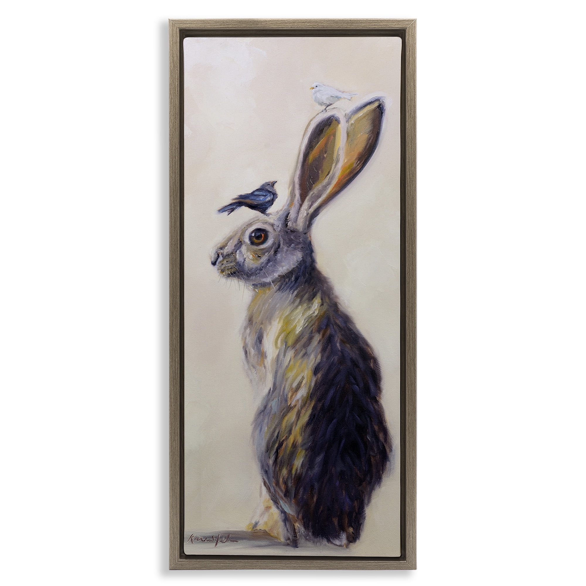 Stupell Industries Minimal Rabbit & Perched Birds Animals & Insects Painting Brown Floater Framed Canvas Art Print Wall Art, 15 x 31