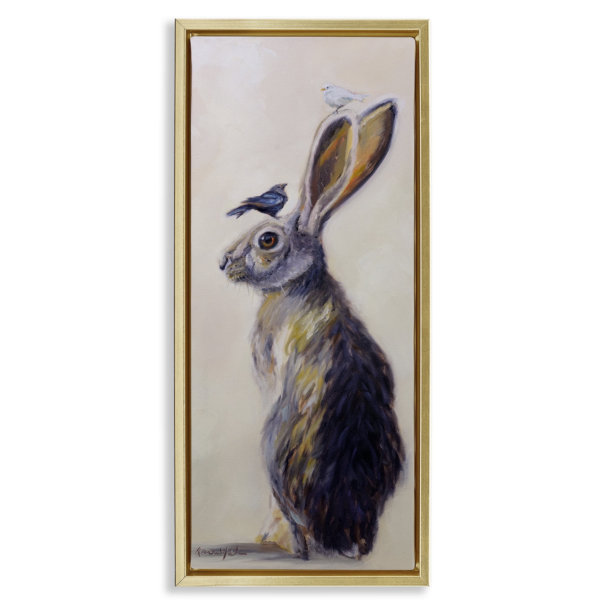 Stupell Industries Minimal Rabbit & Perched Birds Animals & Insects Painting Gold Floater Framed Canvas Art Print Wall Art, 11 x 25