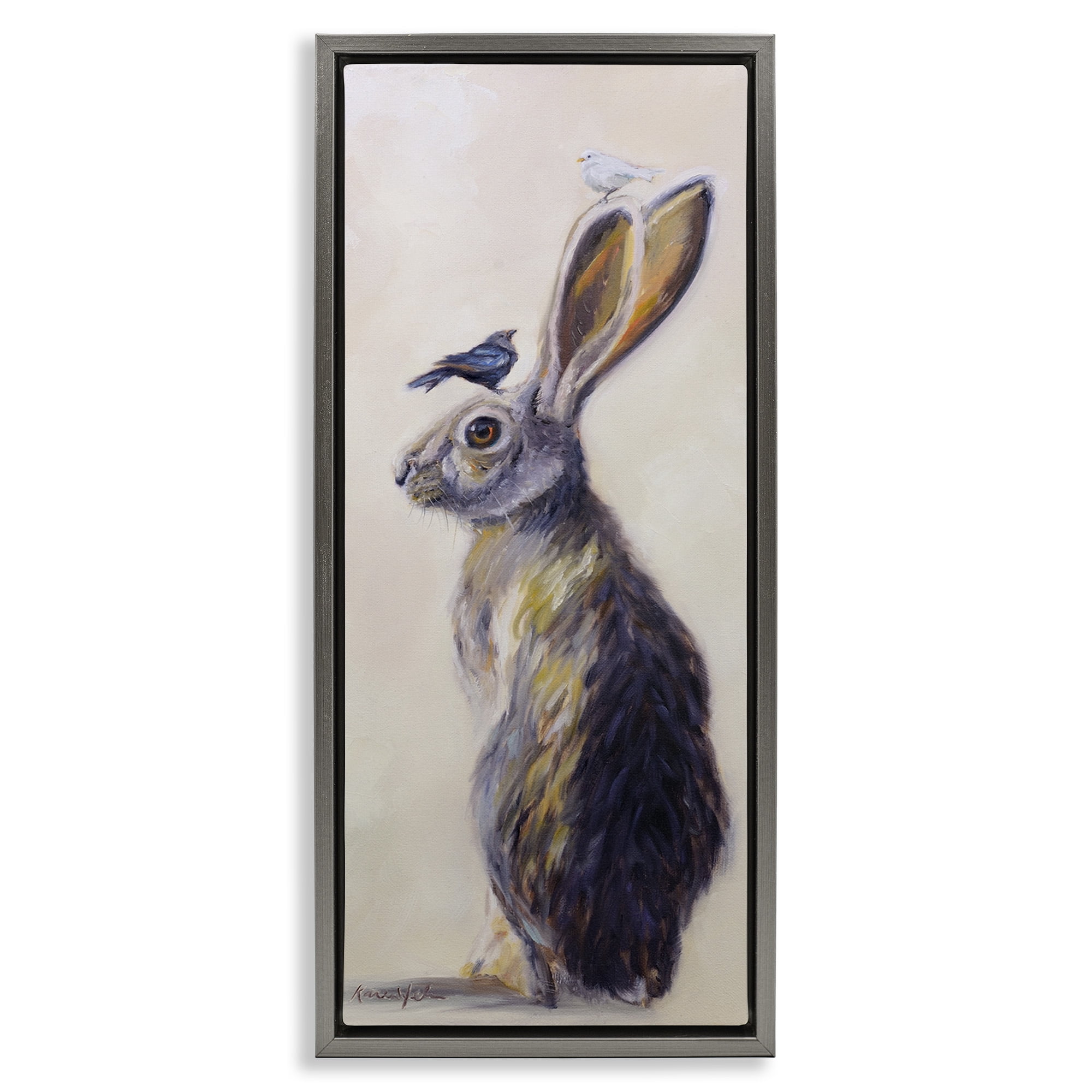 Stupell Industries Minimal Rabbit & Perched Birds Animals & Insects Painting Gray Floater Framed Canvas Art Print Wall Art, 15 x 31