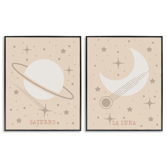 Stupell Industries Minimal Saturn & Moon Outer Space Painting Black Framed Art Print Wall Art, 11 x 14, Set of 2