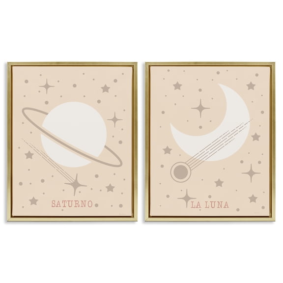 Stupell Industries Minimal Saturn & Moon Outer Space Painting Gold Floater Framed Canvas Art Print Wall Art, 25 x 31, Set of 2