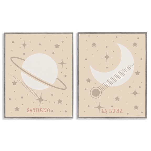 Stupell Industries Minimal Saturn & Moon Outer Space Painting Gray Framed Art Print Wall Art, 11 x 14, Set of 2