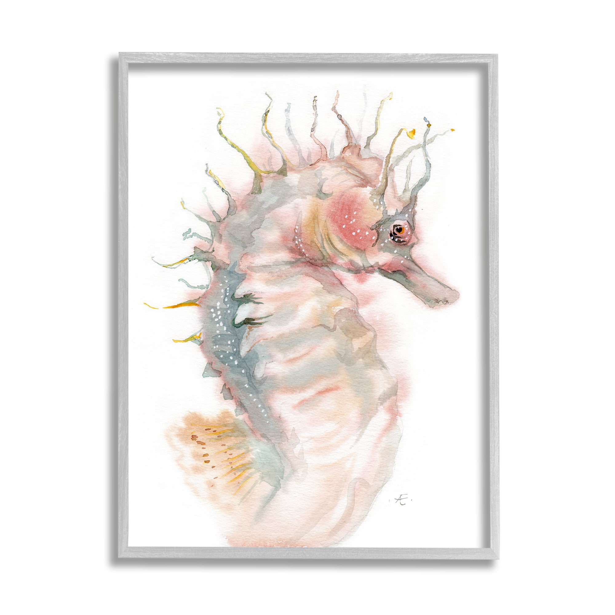 Stupell Industries Minimal Seahorse Watercolor Portrait Aquatic Animal Animals & Insects Painting Gray Framed Art Print Wall Art, 24 x 30