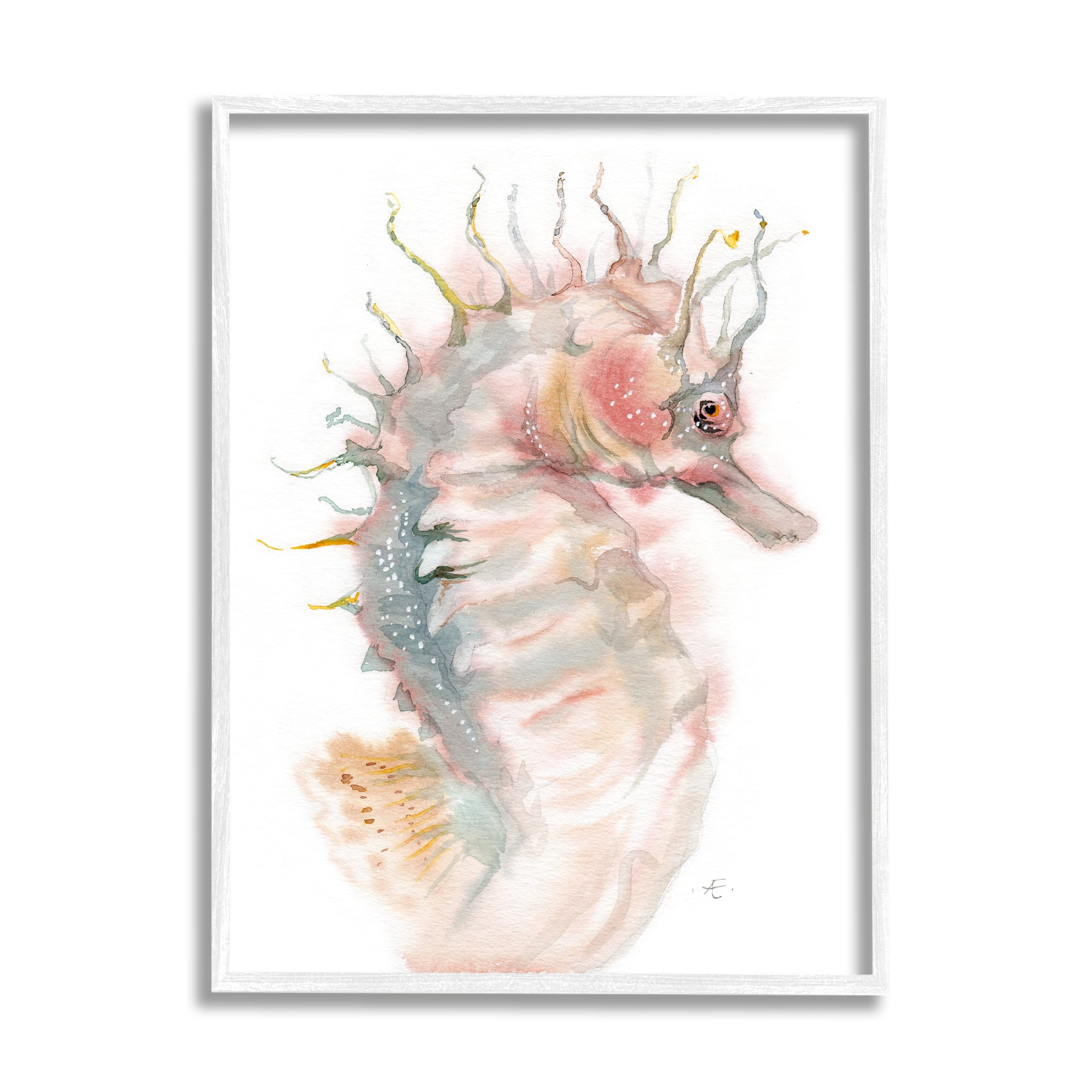 Stupell Industries Minimal Seahorse Watercolor Portrait Aquatic Animal Animals & Insects Painting White Framed Art Print Wall Art, 11 x 14