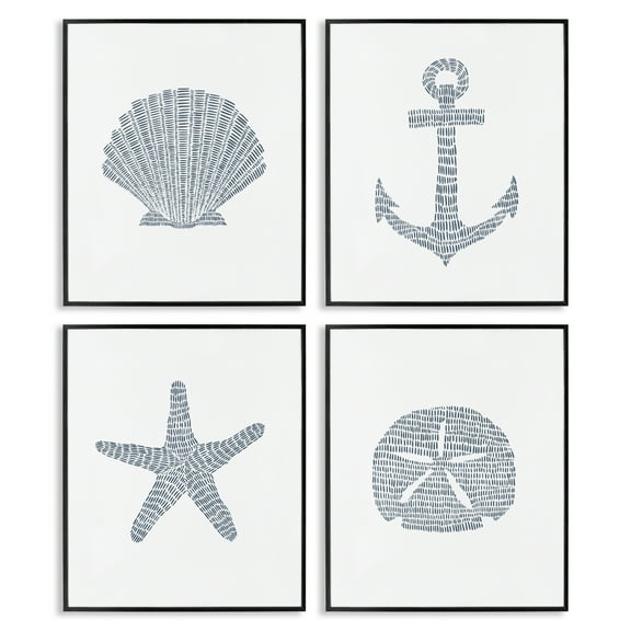 Stupell Industries Minimal Shells & Anchor Nautical & Beach Painting Black Framed Art Print Wall Art, 11 x 14, Set of 4