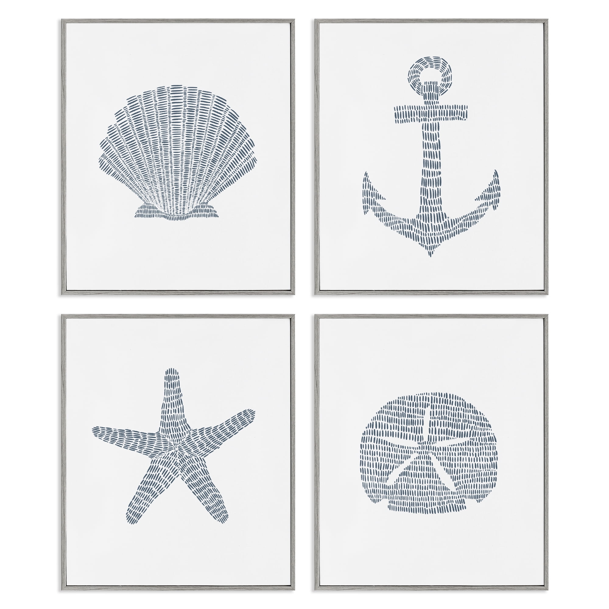 Stupell Industries Minimal Shells & Anchor Nautical & Beach Painting Gray Framed Art Print Wall Art, 11 x 14, Set of 4