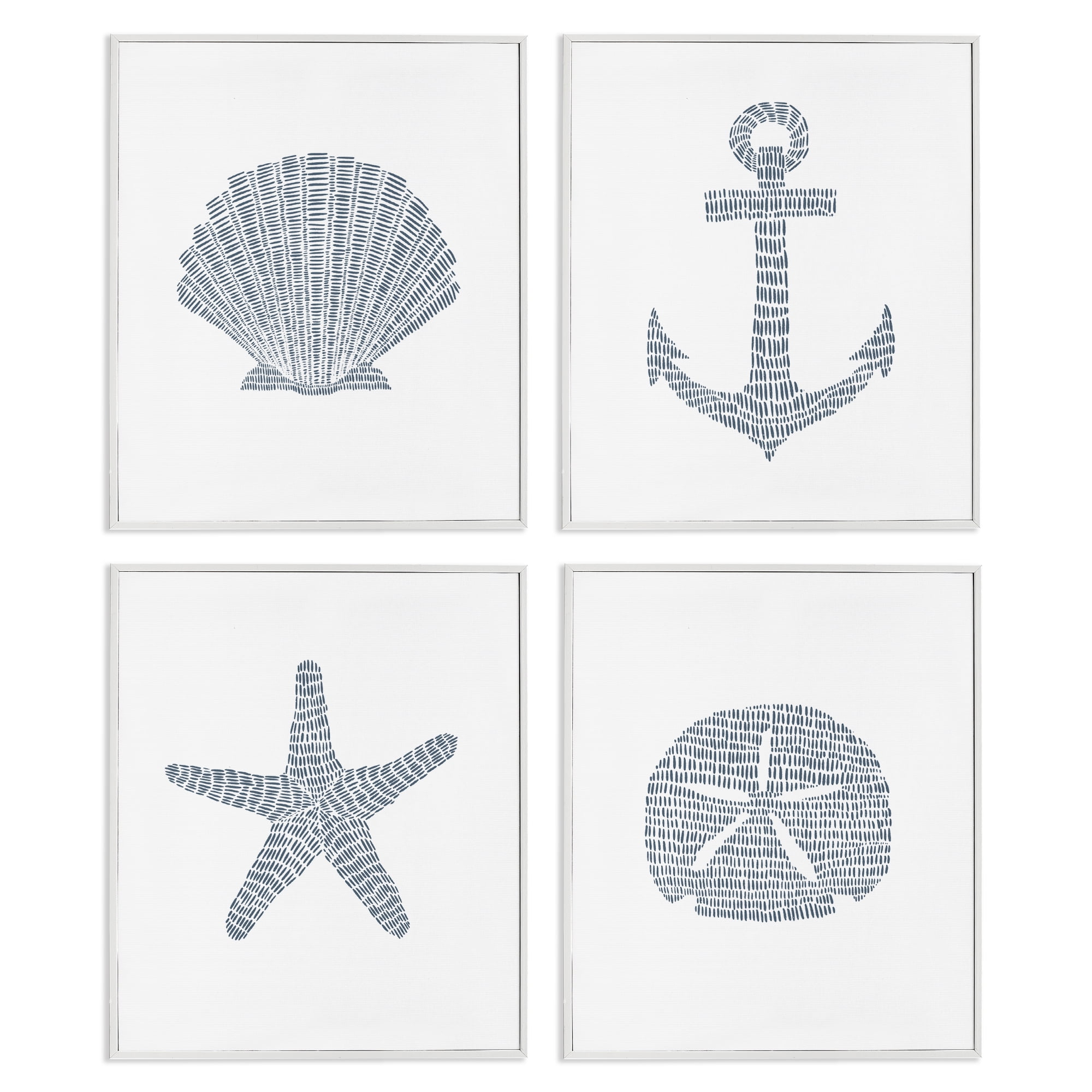 Stupell Industries Minimal Shells & Anchor Nautical & Beach Painting White Framed Art Print Wall Art, 11 x 14, Set of 4