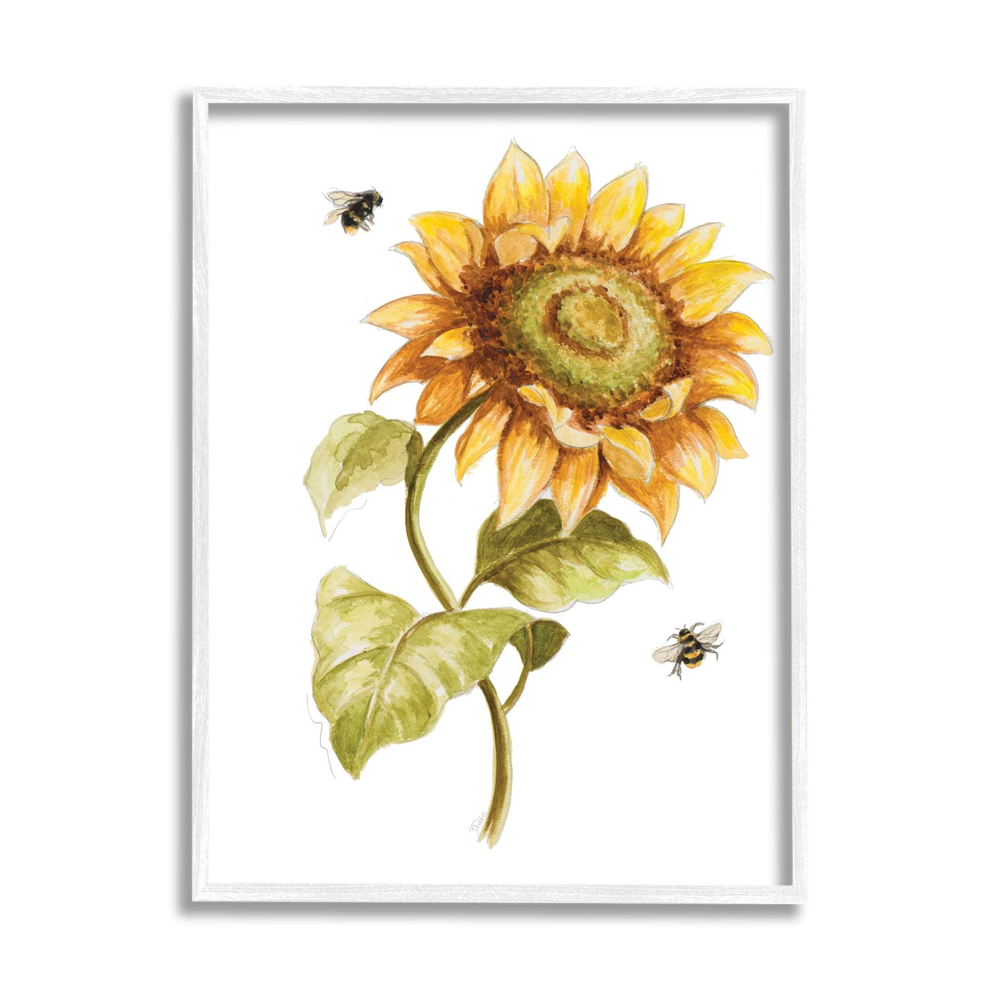Stupell Industries Minimal Sunflower Floral Blooming Bees Flying By Drawings White Framed Art Print Wall Art, 11x14, by Patricia Pinto