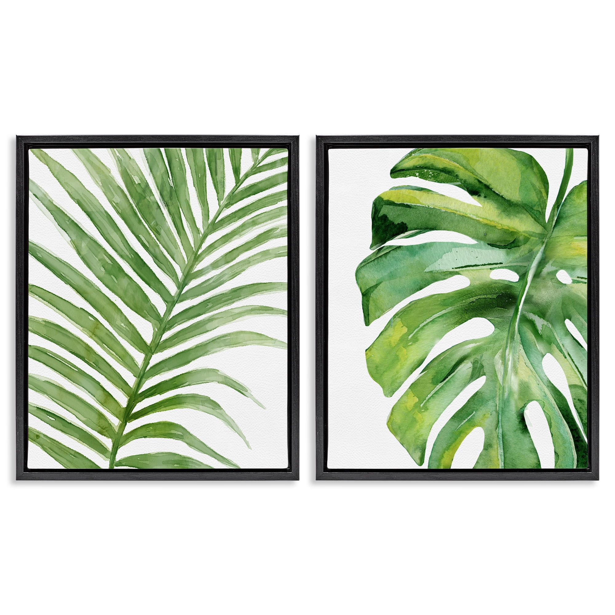 Stupell Industries Minimal Tropical Green Palms Botanical & Floral Painting Black Floater Framed Canvas Art Print Wall Art, 25 x 31, Set of 2