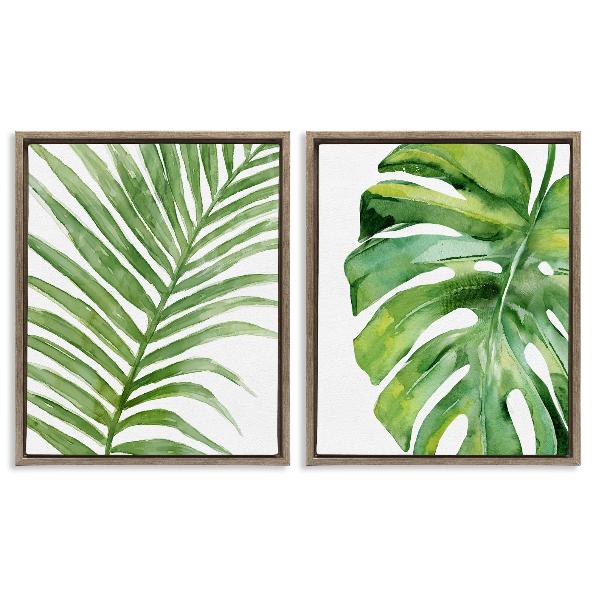 Stupell Industries Minimal Tropical Green Palms Botanical & Floral Painting Brown Floater Framed Canvas Art Print Wall Art, 17 x 21, Set of 2