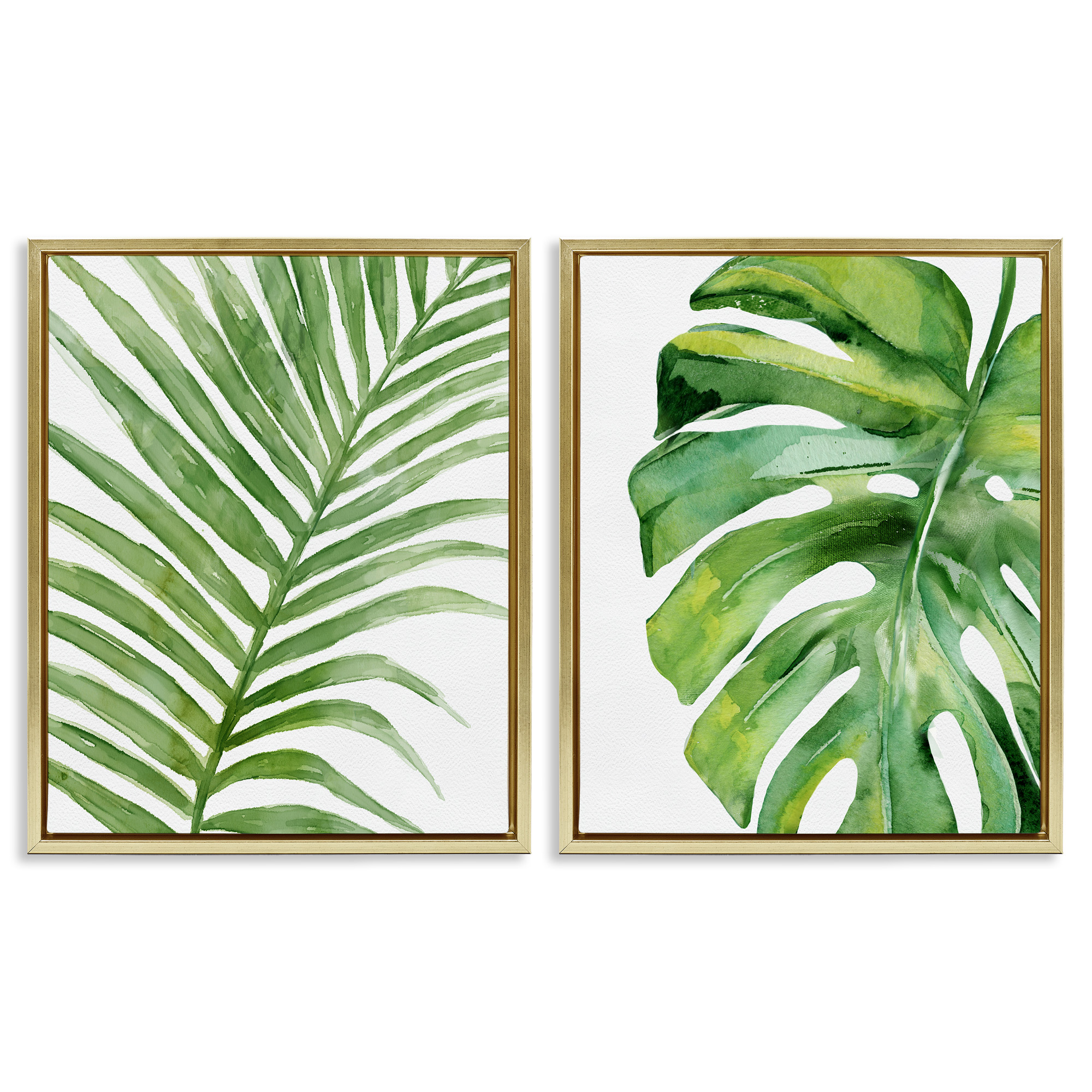 Stupell Industries Minimal Tropical Green Palms Botanical & Floral Painting Gold Floater Framed Canvas Art Print Wall Art, 25 x 31, Set of 2