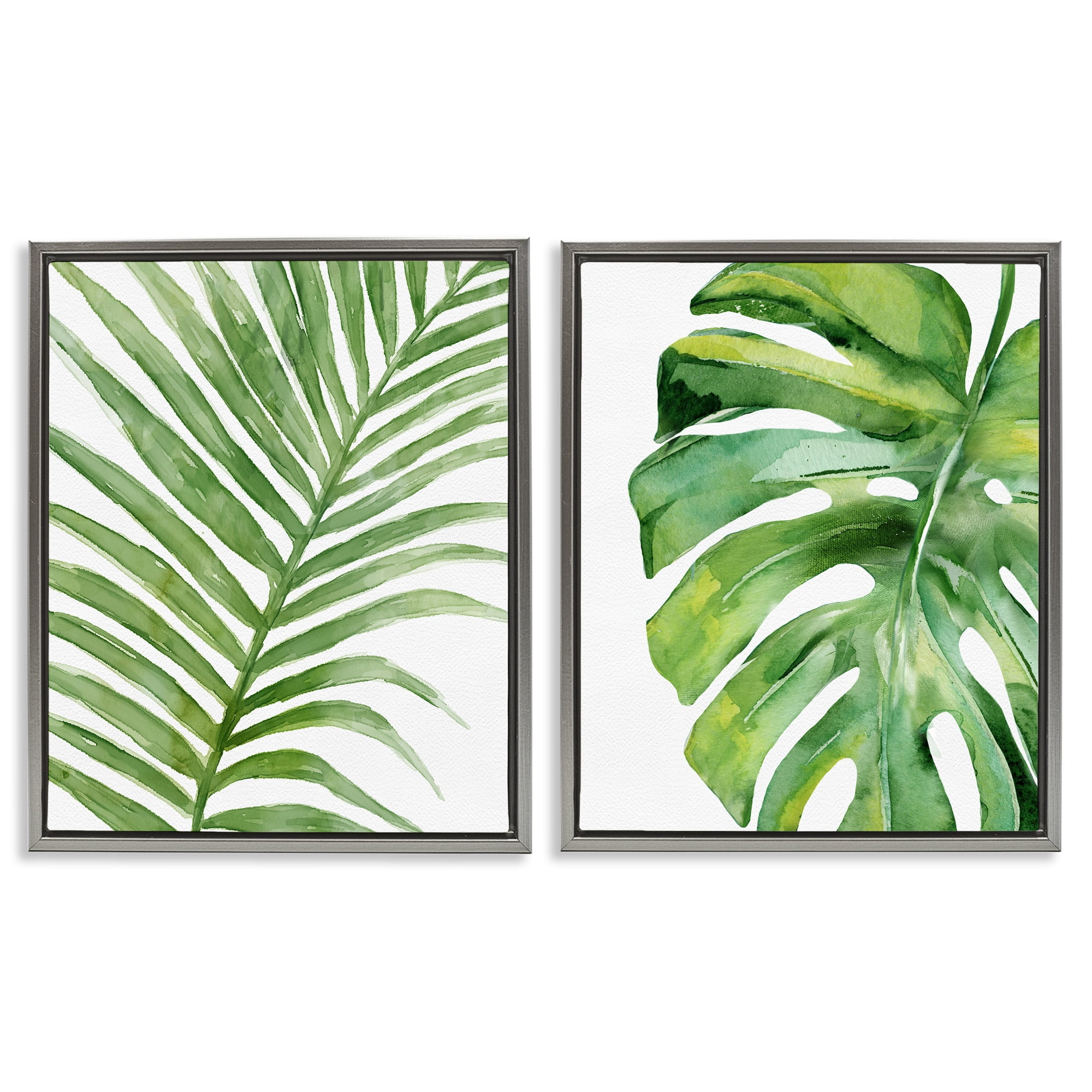 Stupell Industries Minimal Tropical Green Palms Botanical & Floral Painting Gray Floater Framed Canvas Art Print Wall Art, 17 x 21, Set of 2