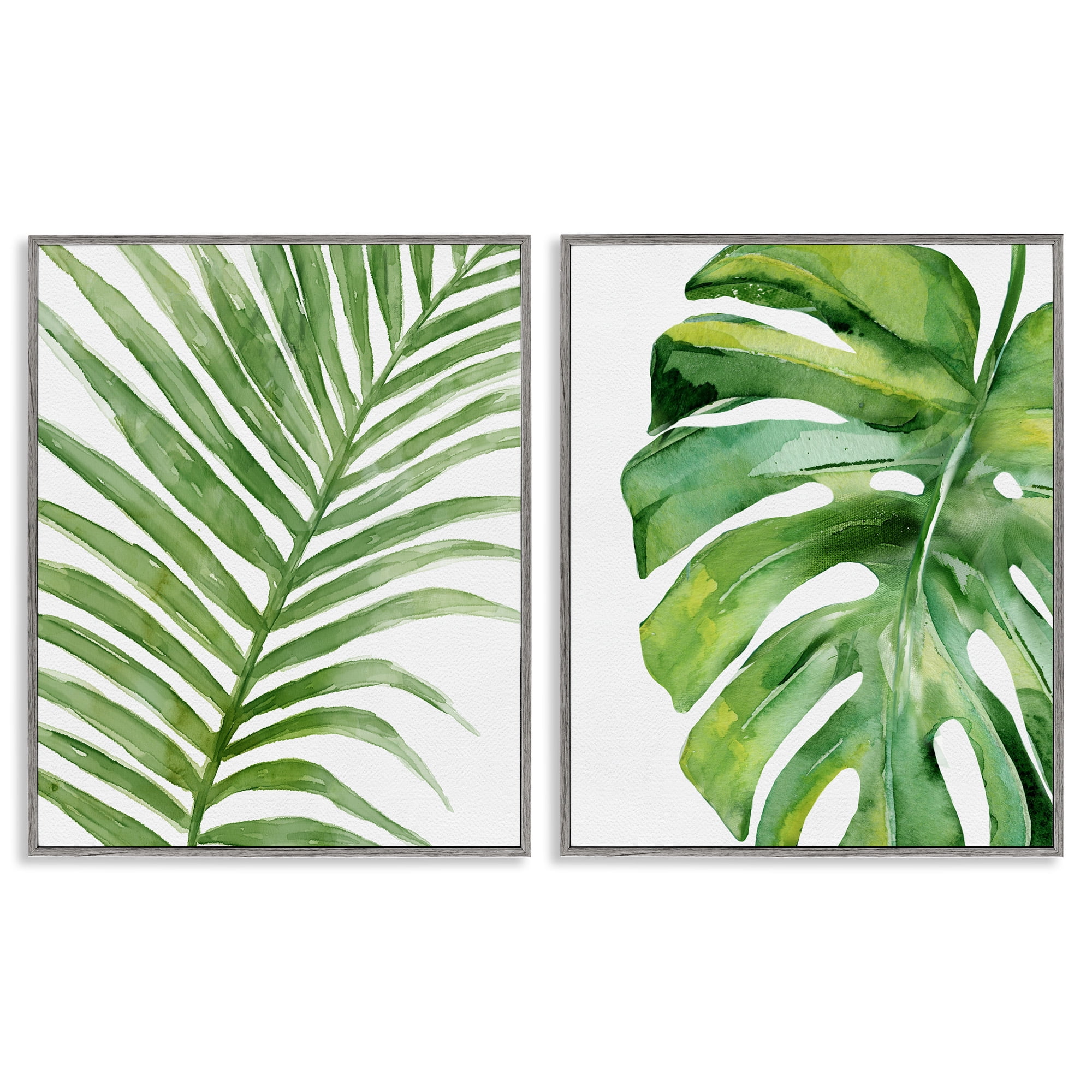 Stupell Industries Minimal Tropical Green Palms Botanical & Floral Painting Gray Framed Art Print Wall Art, 24 x 30, Set of 2