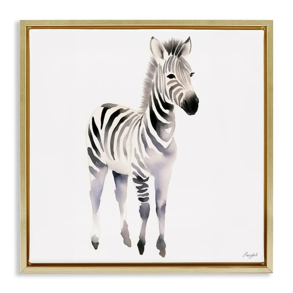 Stupell Industries Minimal Zebra Foal Gold Framed Floater Canvas Wall Art, design by Roozbeh