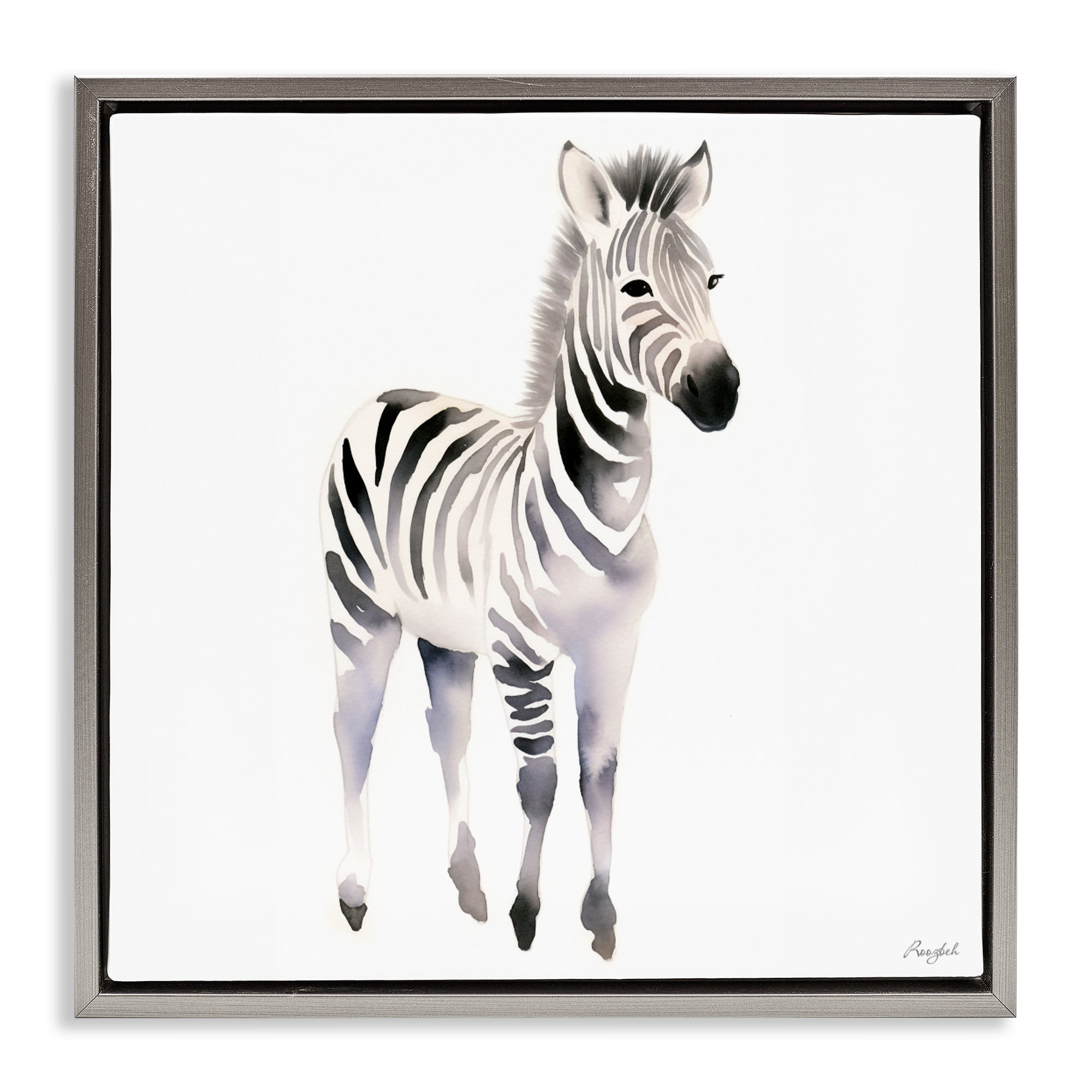 Stupell Industries Minimal Zebra Foal Gray Framed Floater Canvas Wall Art, design by Roozbeh