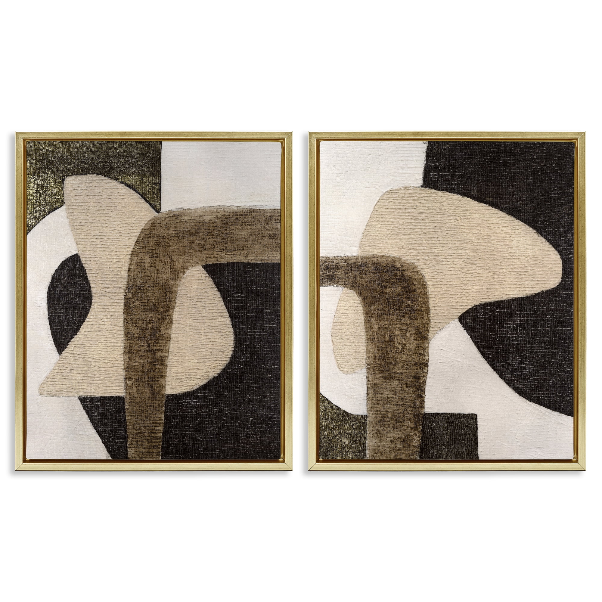 Stupell Industries Minimalist Brown Beige Shapes Abstract Painting Gold Floater Framed Canvas Art Print Wall Art, 17 x 21, Set of 2