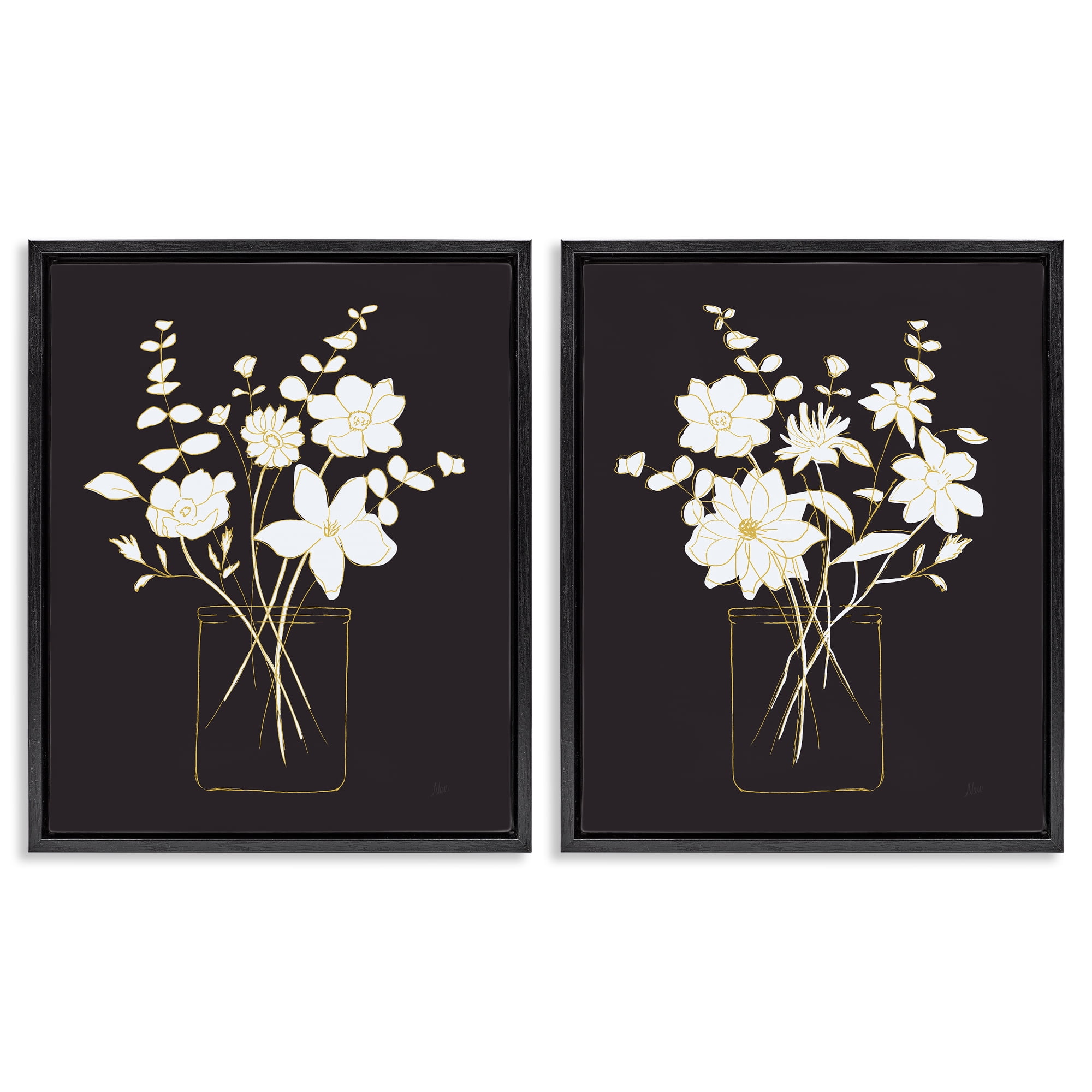 Stupell Industries Minimalist Flower Sketch in Jar Plants & Flowers Painting Black Floater Framed Canvas Art Print Wall Art, 31 x 25, Set of 2