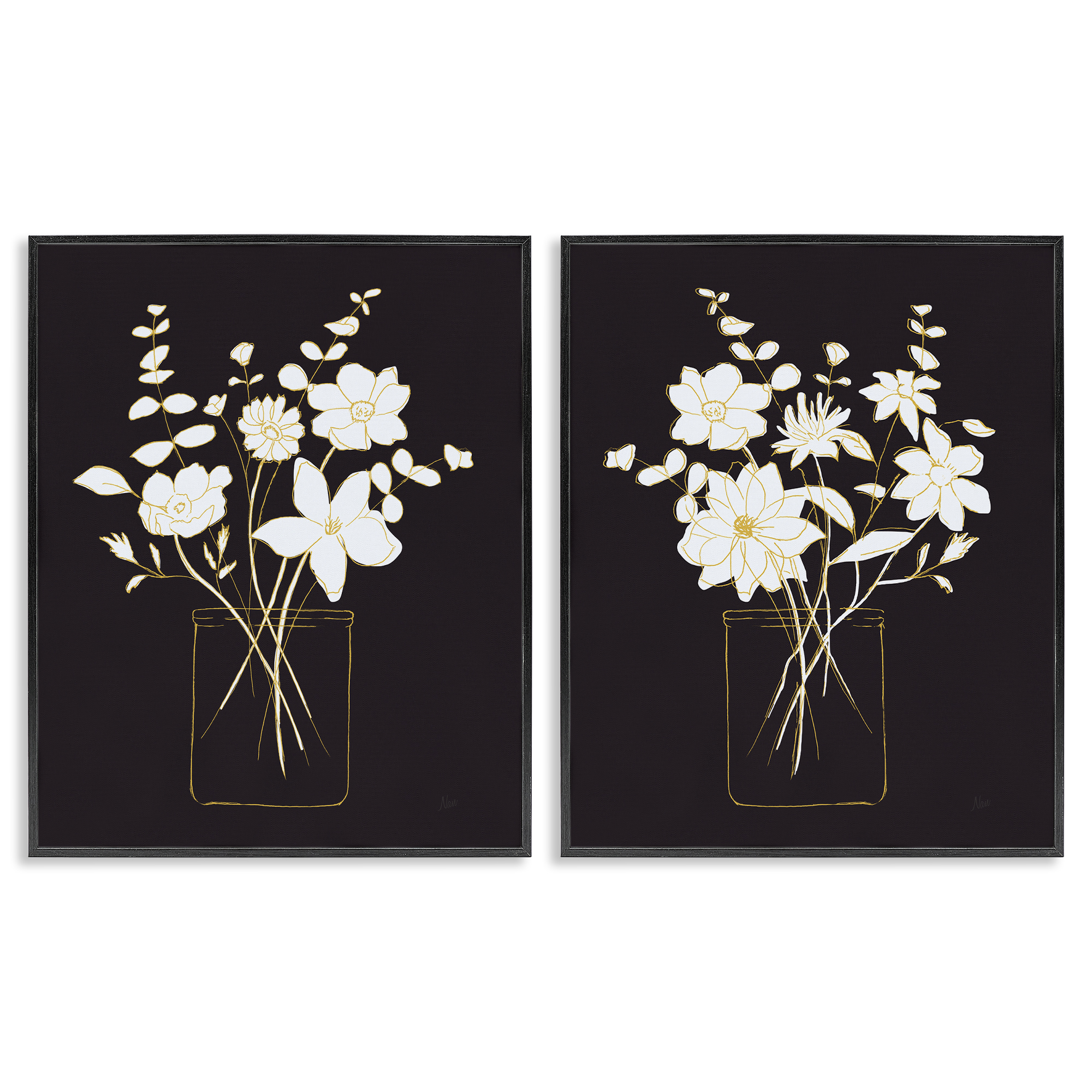 Stupell Industries Minimalist Flower Sketch in Jar Plants & Flowers Painting Black Framed Art Print Wall Art, 11 x 14, Set of 2