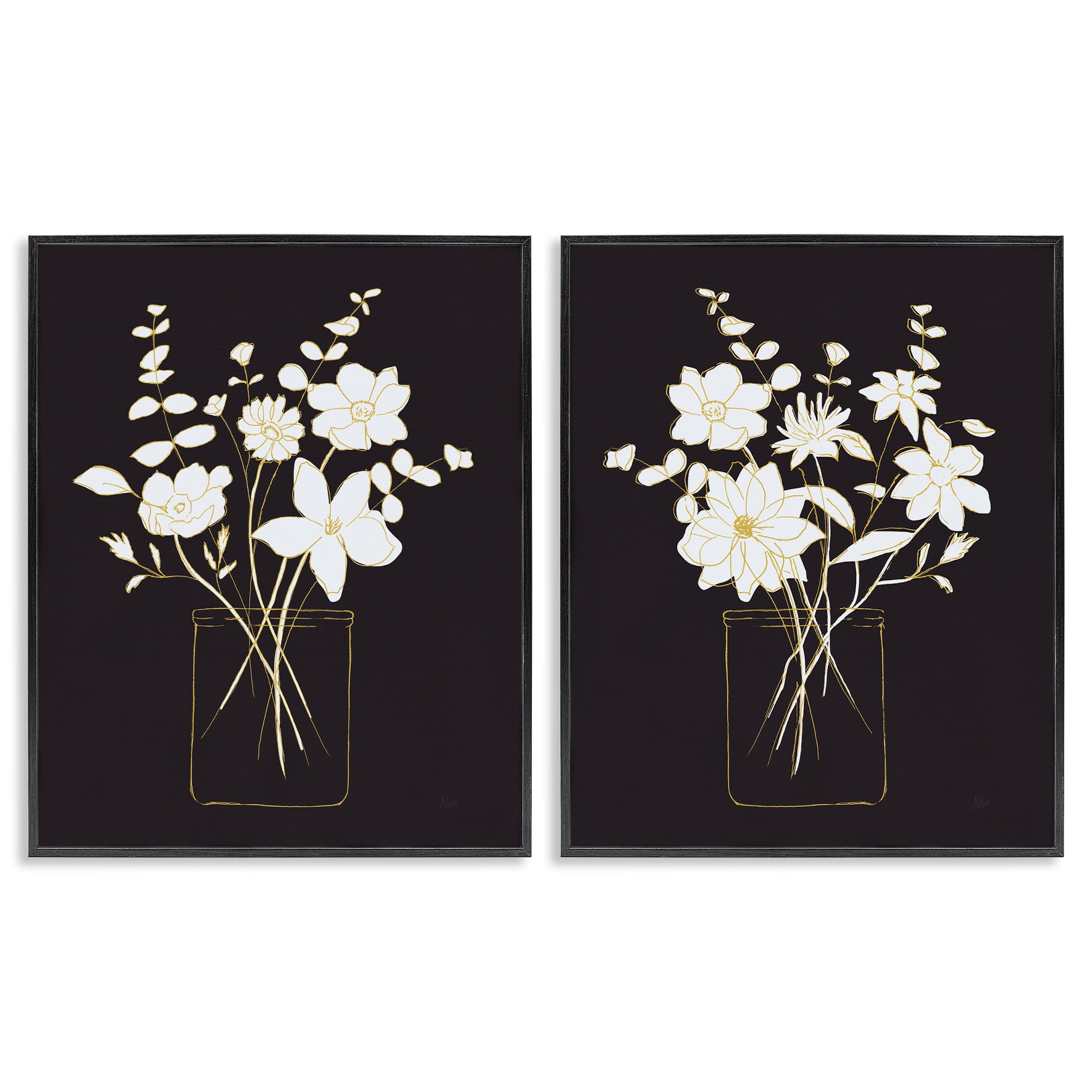 Stupell Industries Minimalist Flower Sketch in Jar Plants & Flowers Painting Black Framed Art Print Wall Art, 24 x 30, Set of 2