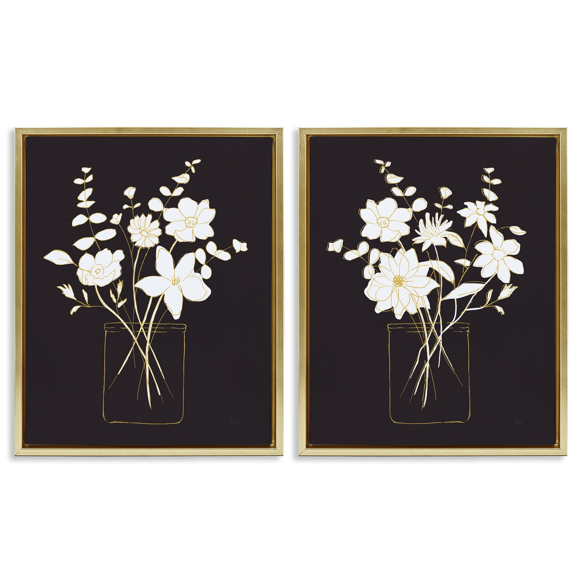 Stupell Industries Minimalist Flower Sketch in Jar Plants & Flowers Painting Gold Floater Framed Canvas Art Print Wall Art, 31 x 25, Set of 2