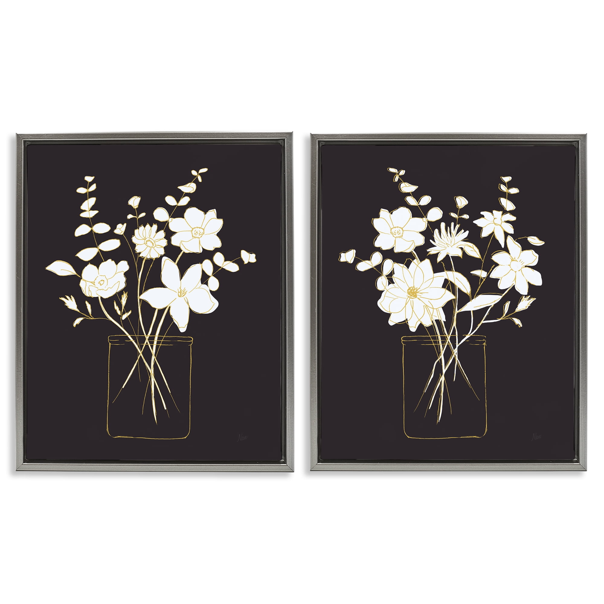 Stupell Industries Minimalist Flower Sketch in Jar Plants & Flowers Painting Gray Floater Framed Canvas Art Print Wall Art, 31 x 25, Set of 2