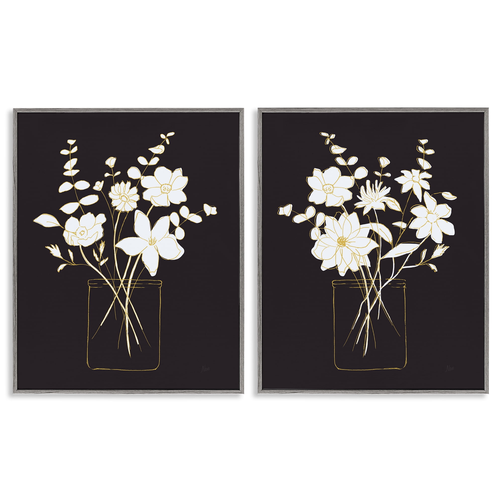 Stupell Industries Minimalist Flower Sketch in Jar Plants & Flowers Painting Gray Framed Art Print Wall Art, 16 x 20, Set of 2