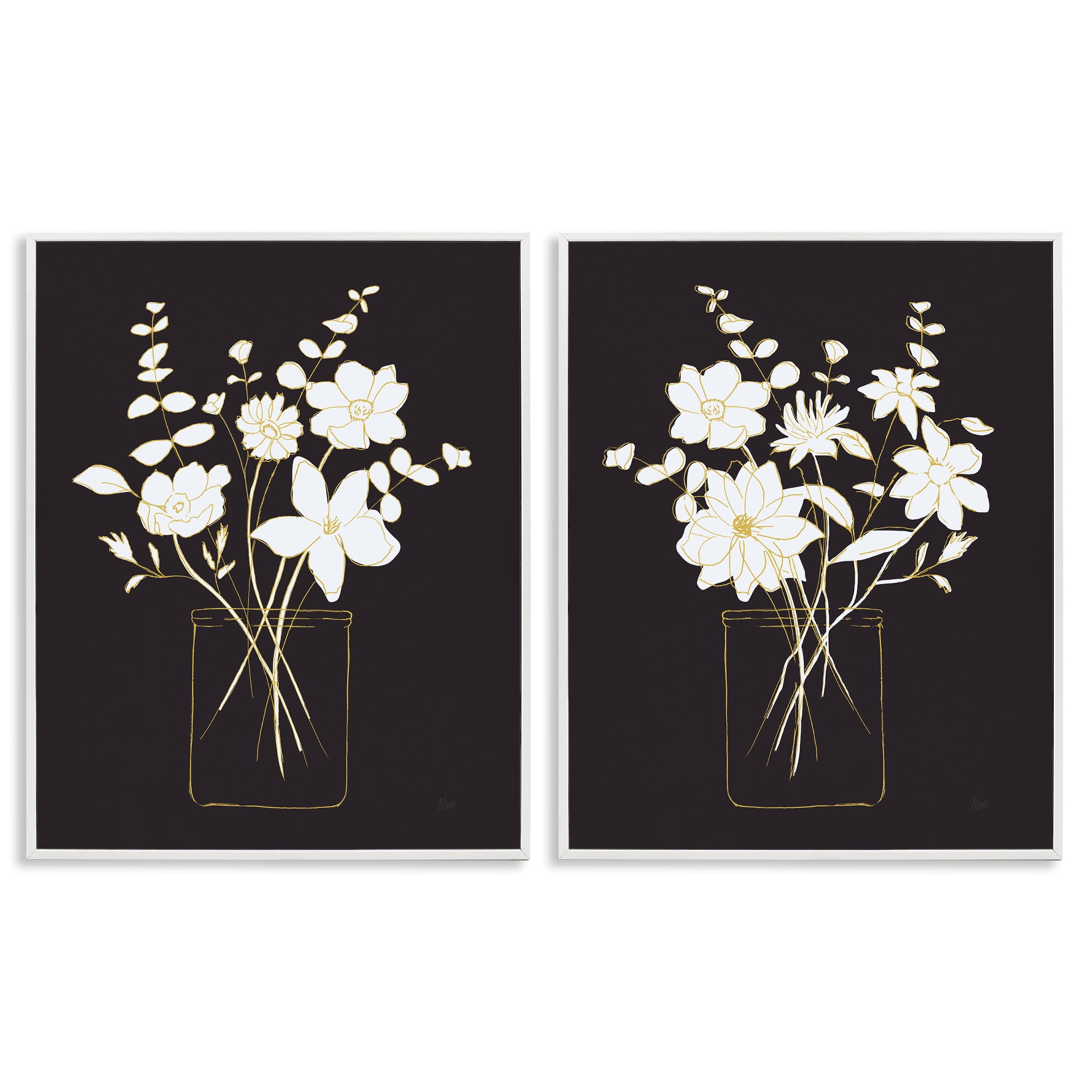 Stupell Industries Minimalist Flower Sketch in Jar Plants & Flowers Painting White Framed Art Print Wall Art, 11 x 14, Set of 2