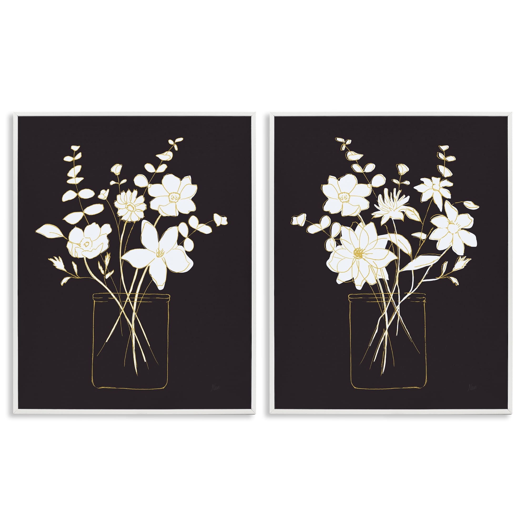 Stupell Industries Minimalist Flower Sketch in Jar Plants & Flowers Painting White Framed Art Print Wall Art, 16 x 20, Set of 2