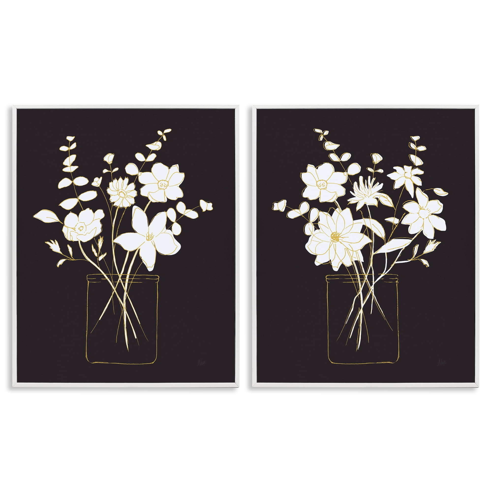 Stupell Industries Minimalist Flower Sketch in Jar Plants & Flowers Painting White Framed Art Print Wall Art, 24 x 30, Set of 2