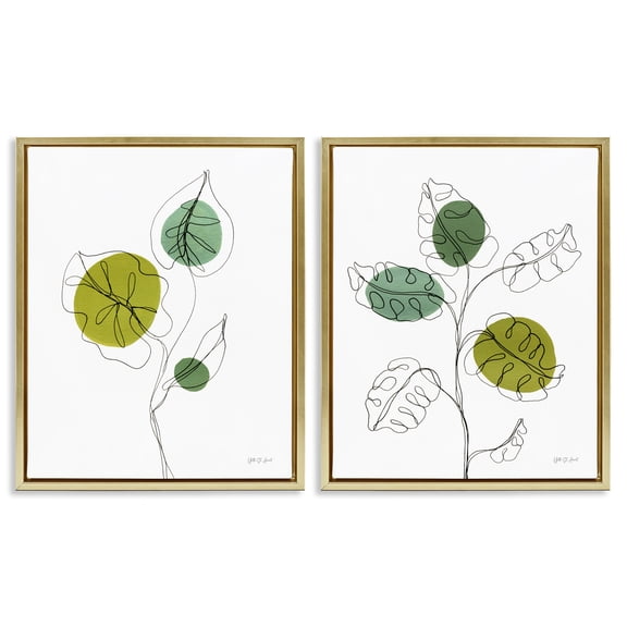 Stupell Industries Minimalist Line Monstera Plants Plants & Flowers Painting Gold Floater Framed Canvas Art Print Wall Art, 17 x 21, Set of 2