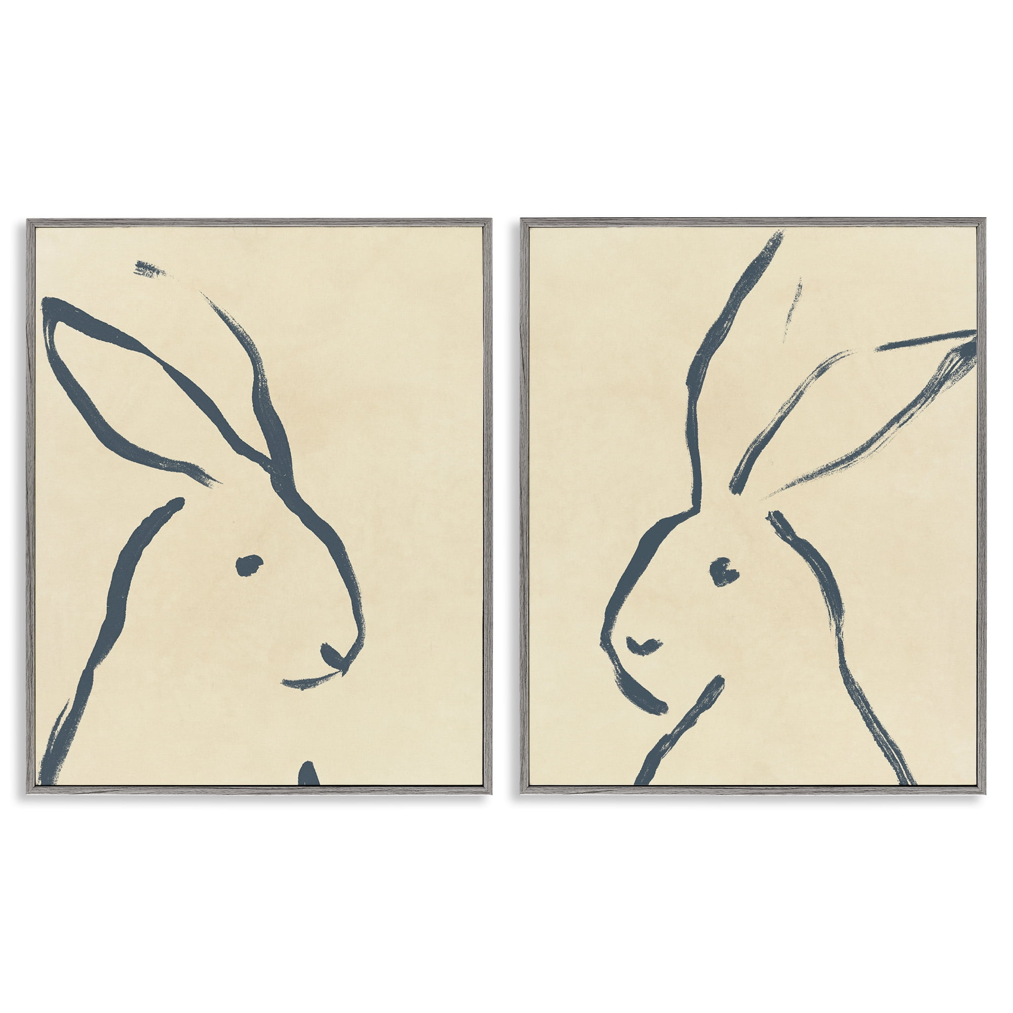 Stupell Industries Minimalist Rabbit Line Portrait Animals Drawing Gray Framed Art Print Wall Art, 24 x 30, Set of 2