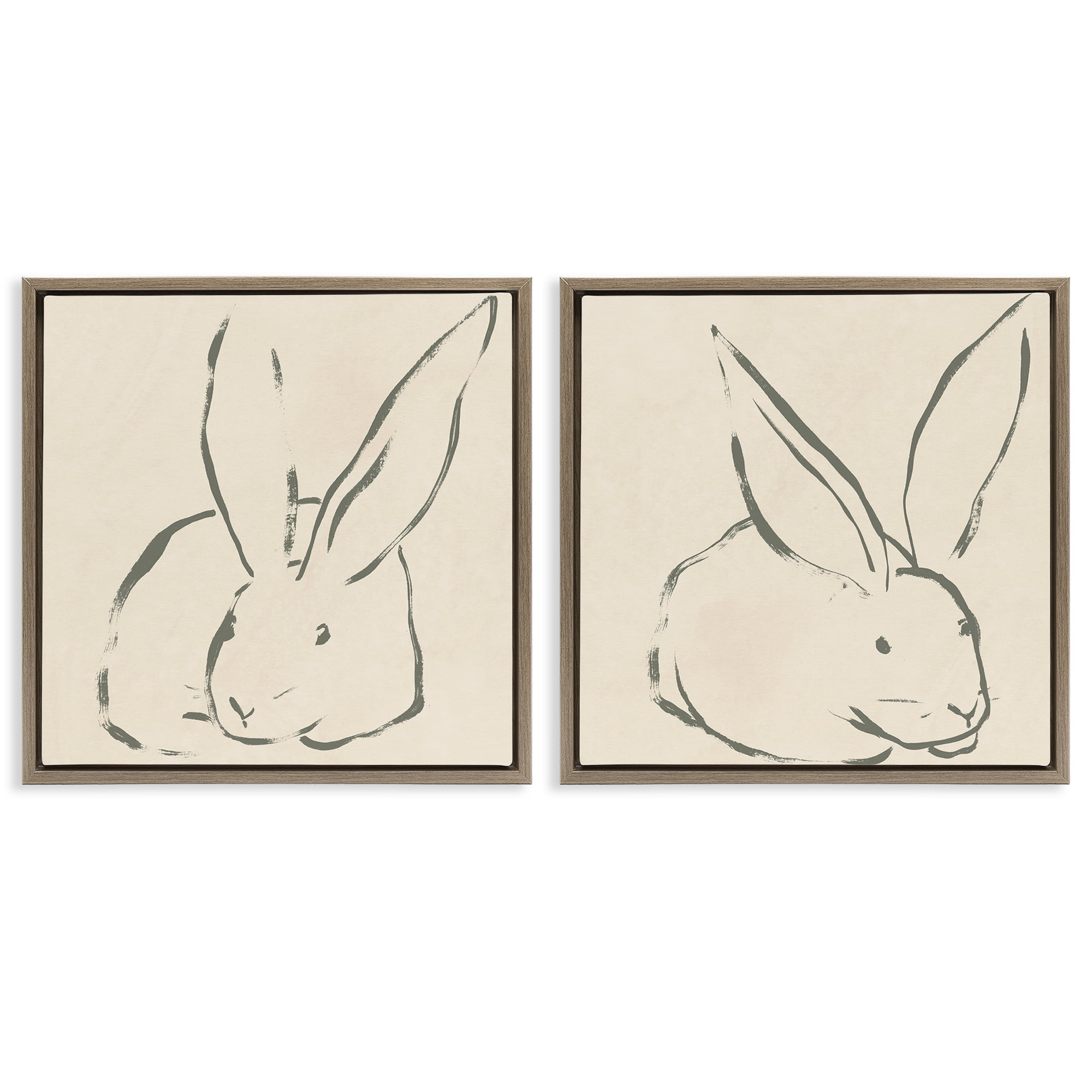 Stupell Industries Minimalist Resting Rabbit Line Drawing Animals Drawing Brown Floater Framed Canvas Art Print Wall Art, 25 x 25, Set of 2
