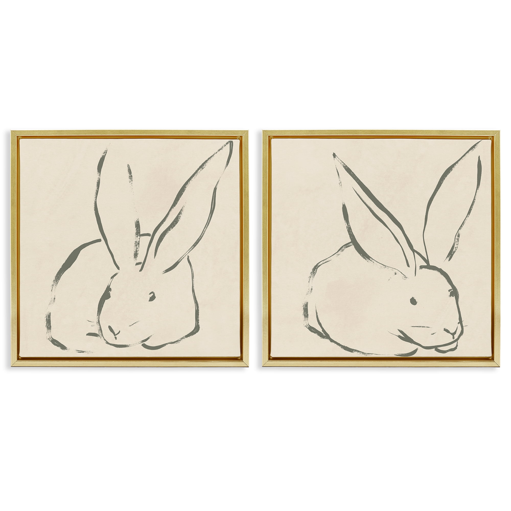 Stupell Industries Minimalist Resting Rabbit Line Drawing Animals Drawing Gold Floater Framed Canvas Art Print Wall Art, 25 x 25, Set of 2