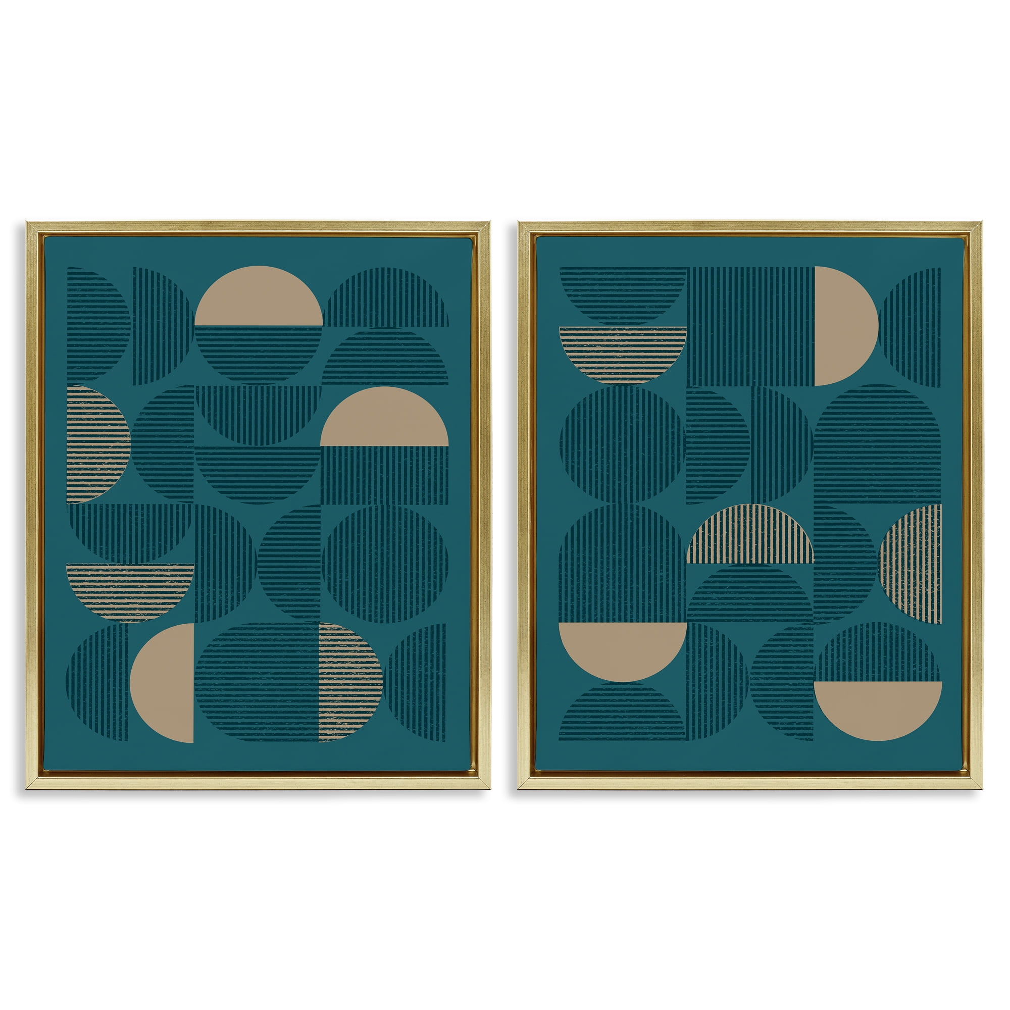 Stupell Industries Minimalist Teal Geometric Abstract Painting Gold Floater Framed Canvas Art Print Wall Art, 17 x 21, Set of 2