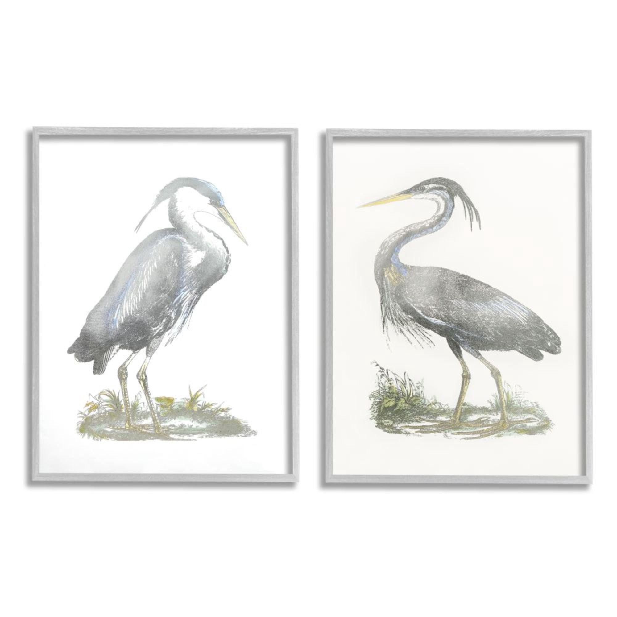 Stupell Industries Minimalist Vintage Cranes Marshland Birds Design by John Selby, 2 Piece, 16" x 20", Gray Framed