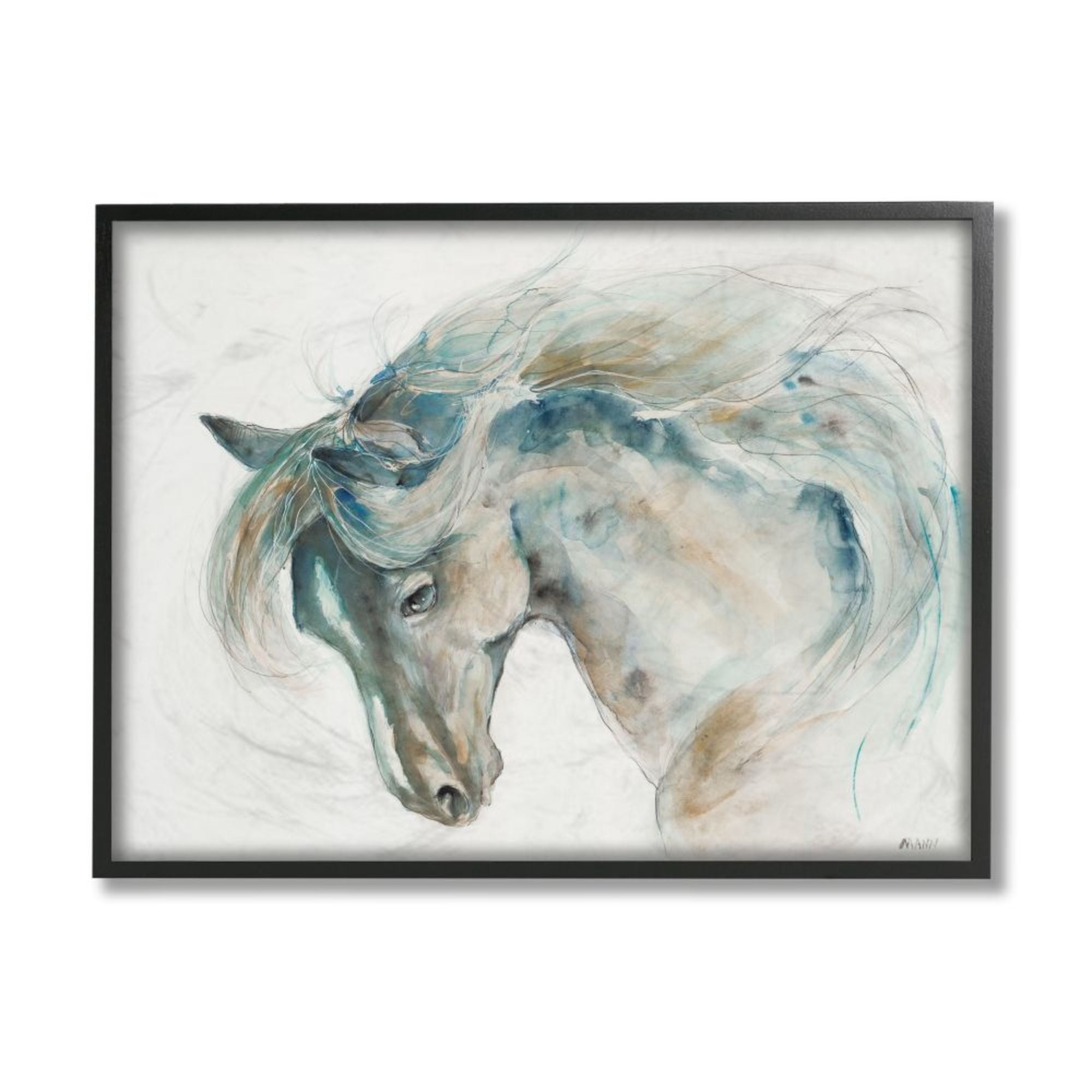Stupell Industries Minimalist Watercolor Horse Portrait Blue Beige Black Framed Art Print Wall Art, 11x14, by Third and Wall
