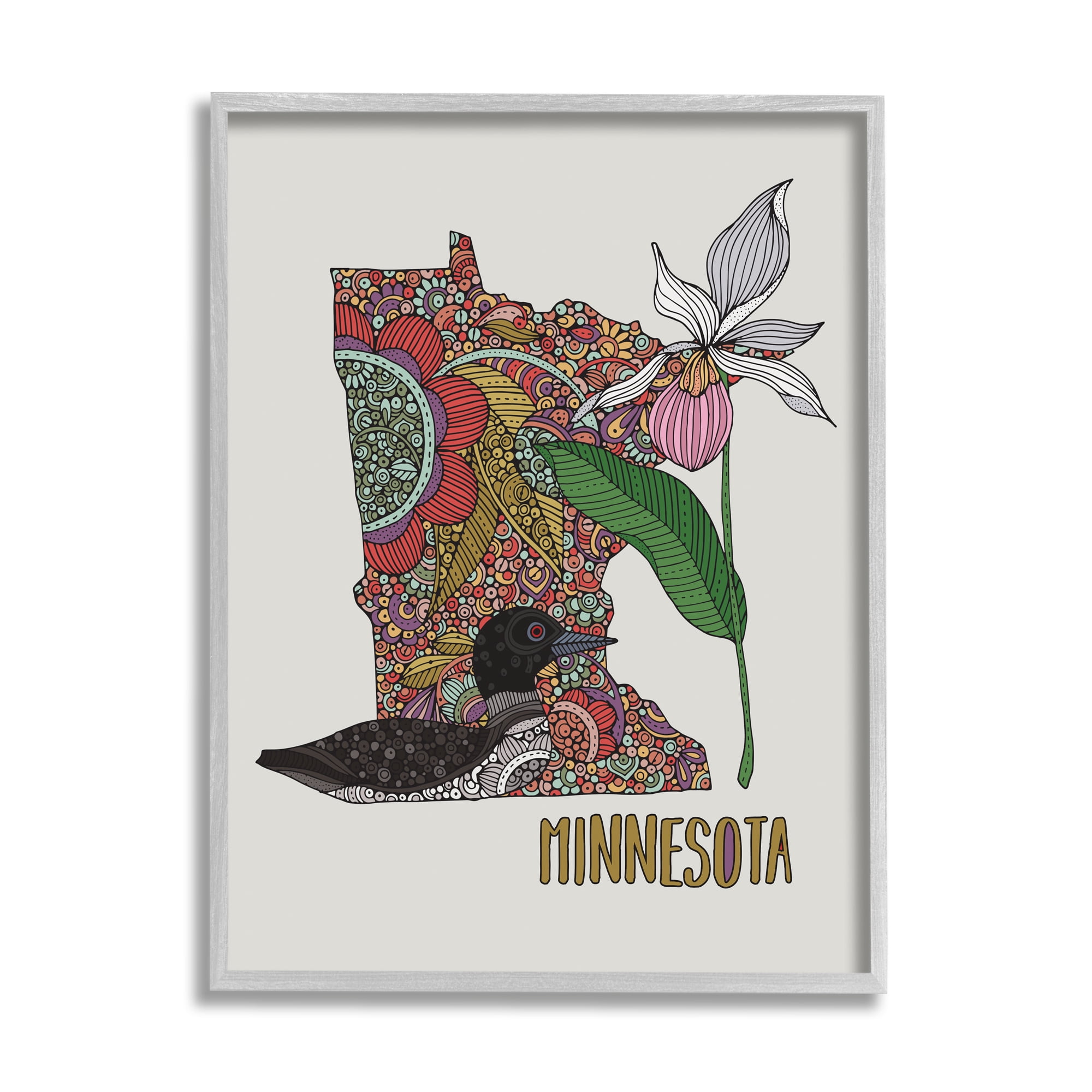 Stupell Industries Minnesota State Loon Bird Intricate Blooming Flowers Graphic Art Gray Framed Art Print Wall Art, Design by Valentina Harper