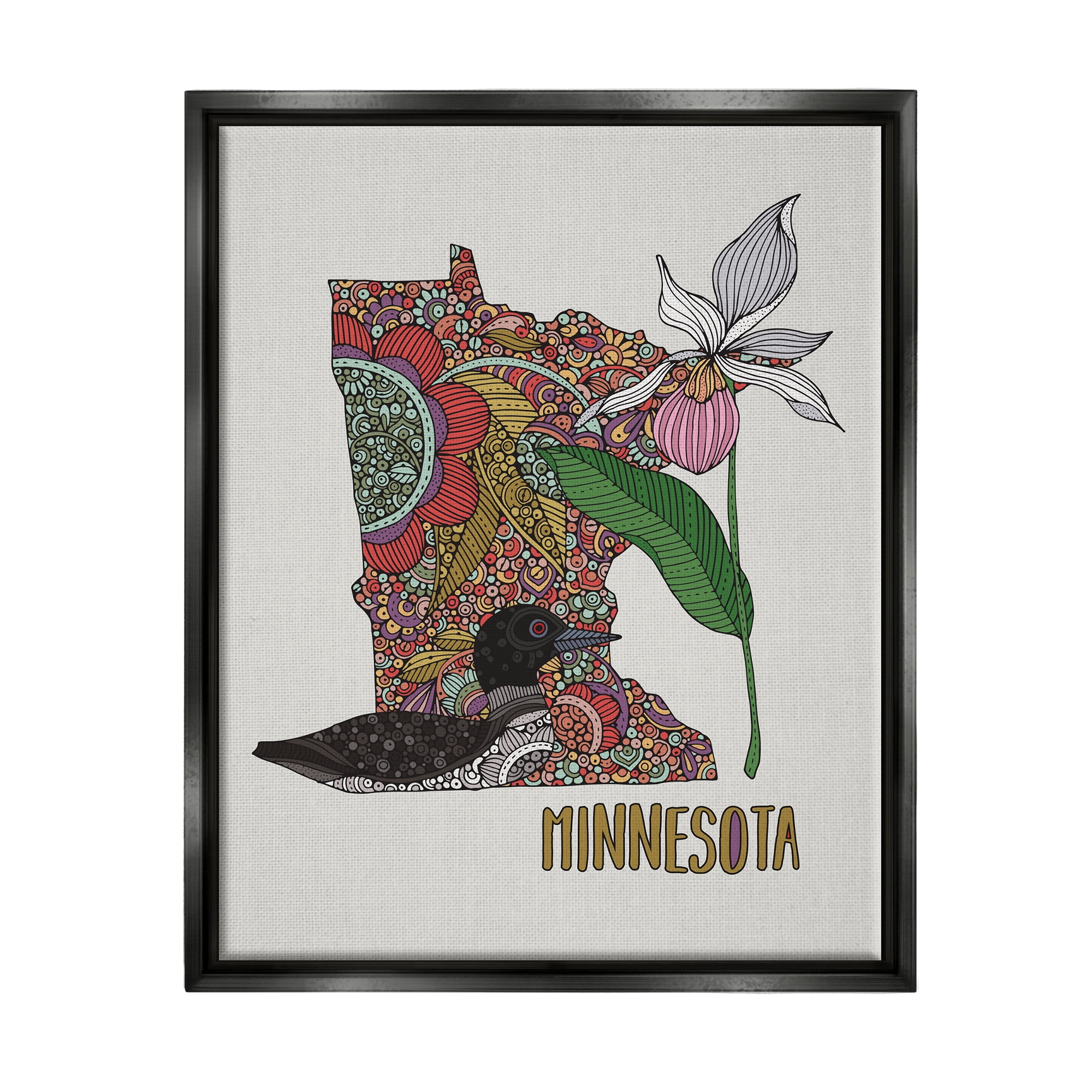 Stupell Industries Minnesota State Loon Bird Intricate Blooming Flowers Graphic Art Jet Black Floating Framed Canvas Print Wall Art, Design by Valentina Harper